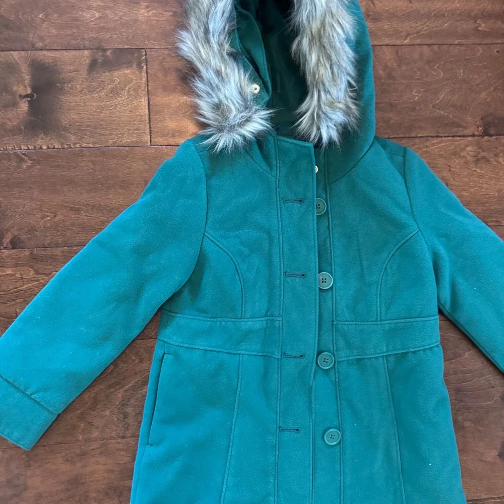 Cat & Jack Girls Green Faux Fur Hooded Pea Coat Jacket XS 4-5